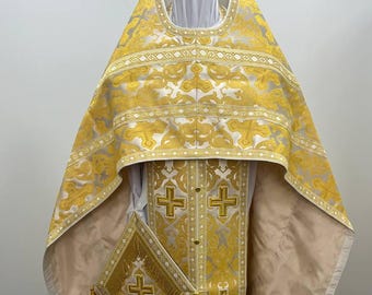 White Gold Orthodox Priest Vestments Set: Liturgical Brocade Cassock, Church Vestments. Ukrainian church textile