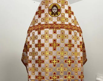 White Gold Orthodox Priest Vestments Set: Liturgical Brocade Cassock, Vestments with Icon