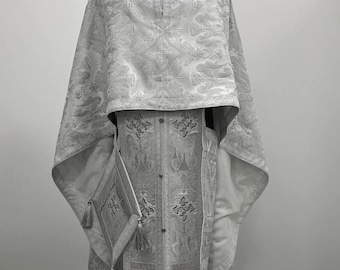 White Greek-style Orthodox priestly vestments. Liturgical vestments. Byzantine clergy robe. Liturgical cassock. Stole and cuffs, epigonation