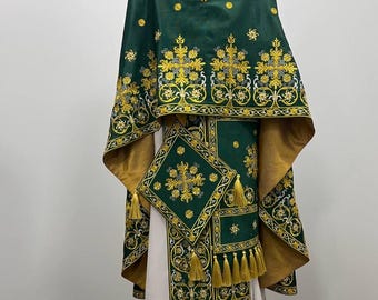 Green Gold Embroidered Greek Orthodox Priest Vestments – liturgical cassock. Orthodox stole and cuffs, epigonation