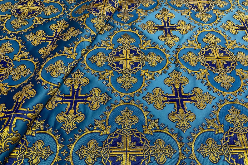 Wreath Brocade Fabric, Metallic Priest Vestment Fabric, 67" Wide, premium quality fabric, ecclesiastical fabric, liturgical fabric Blue