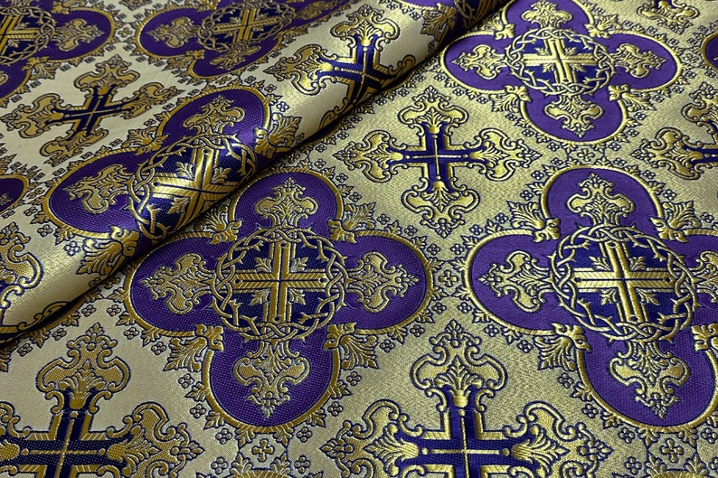 Wreath Brocade Fabric, Metallic Priest Vestment Fabric, 67" Wide, premium quality fabric, ecclesiastical fabric, liturgical fabric Purple - gold