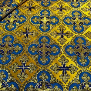 Wreath Brocade Fabric, Metallic Priest Vestment Fabric, 67" Wide, premium quality fabric, ecclesiastical fabric, liturgical fabric Blue - gold