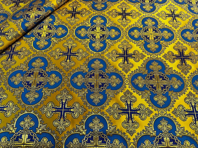 Wreath Brocade Fabric, Metallic Priest Vestment Fabric, 67" Wide, premium quality fabric, ecclesiastical fabric, liturgical fabric Blue - gold
