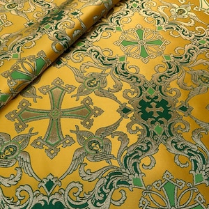 Tissu liturgique, orthodox vestments,|VOZNESENSKY|, catholic vestment, priest brocade 170 cm (67"), cherub fabric, purple and gold fabric Yellow - green