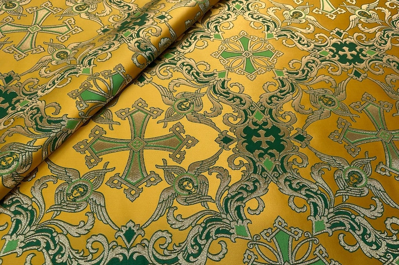 Tissu liturgique, orthodox vestments,|VOZNESENSKY|, catholic vestment, priest brocade 170 cm (67"), cherub fabric, purple and gold fabric Yellow - green