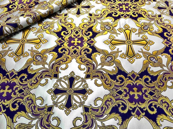 Tissu liturgique, orthodox vestments,|VOZNESENSKY|, catholic vestment, priest brocade 170 cm (67"), cherub fabric, purple and gold fabric