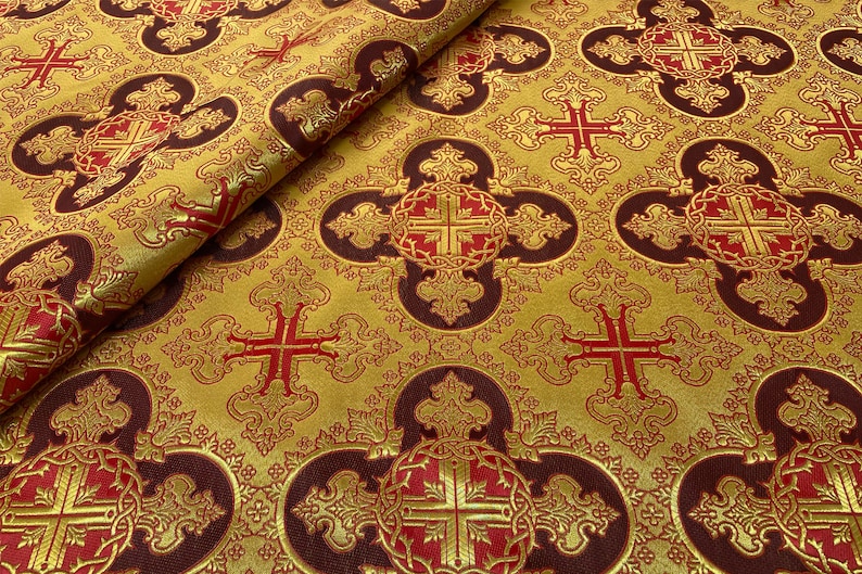 Wreath Brocade Fabric, Metallic Priest Vestment Fabric, 67" Wide, premium quality fabric, ecclesiastical fabric, liturgical fabric Yellow-burgundy-red