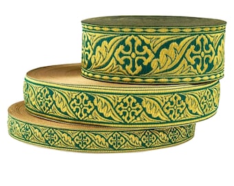 50m Jacquard ribbon for church, |LEAFLET| 2,5 cm, 4 cm, 5 cm ribbon, liturgical trim, orthodox church, ecclesiastical metallic green gallon