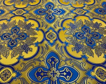 170cm Gold Blue Liturgical Brocade Fabric, Priest Vestment Grape Pattern. Fabric for Deacon Vestments. Dark blue church brocade. Big Print