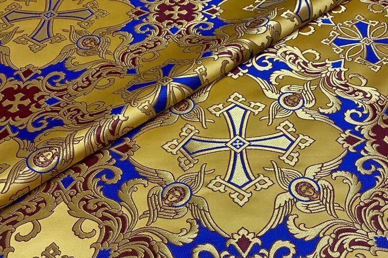 Tissu liturgique, orthodox vestments,|VOZNESENSKY|, catholic vestment, priest brocade 170 cm (67"), cherub fabric, purple and gold fabric Blue - burgundy