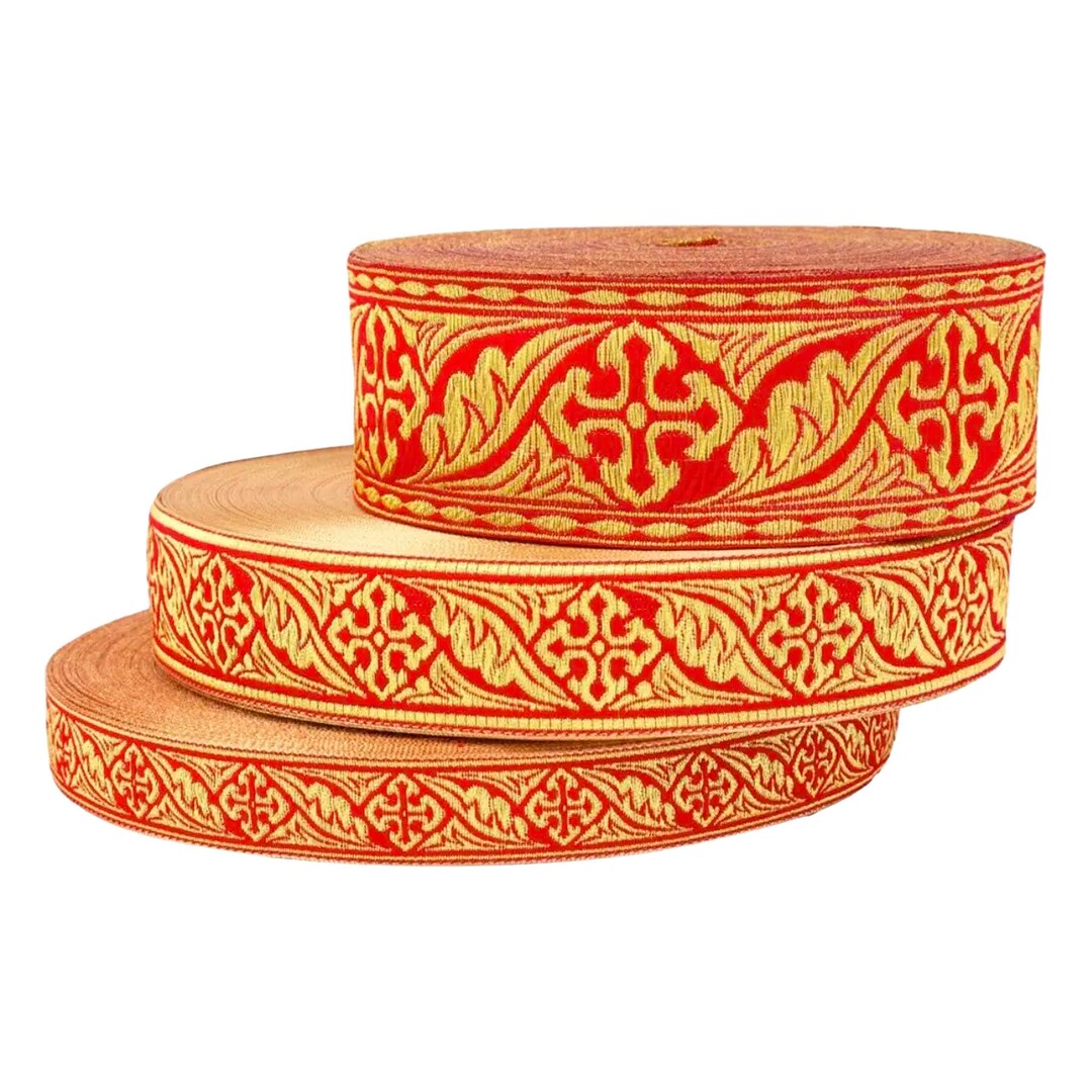 2,5 Cm in Red and Gold Church Jacquard Ribbon, |LEAFLET|, 50 Meters ...