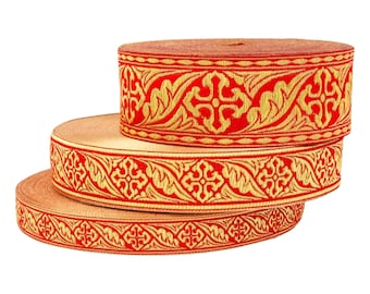 2,5 cm in red and gold church jacquard ribbon, |LEAFLET|, 50 meters ribbon, liturgical trim, orthodox vestments