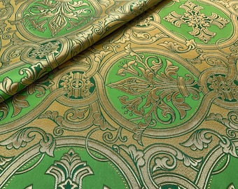 Green Metallic Liturgical fabric, |CROWN|, priestly brocade 170 cm (67"), premium quality fabric, church brocade fabric by the yard green