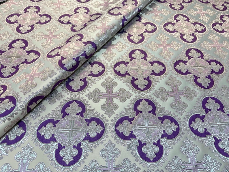 Wreath Brocade Fabric, Metallic Priest Vestment Fabric, 67" Wide, premium quality fabric, ecclesiastical fabric, liturgical fabric Purple - silver