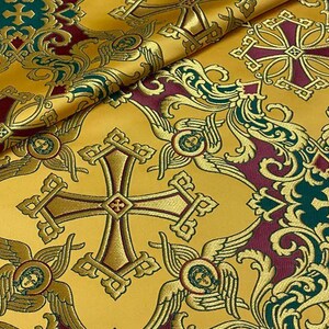 Tissu liturgique, orthodox vestments,|VOZNESENSKY|, catholic vestment, priest brocade 170 cm (67"), cherub fabric, purple and gold fabric Burgundy - green