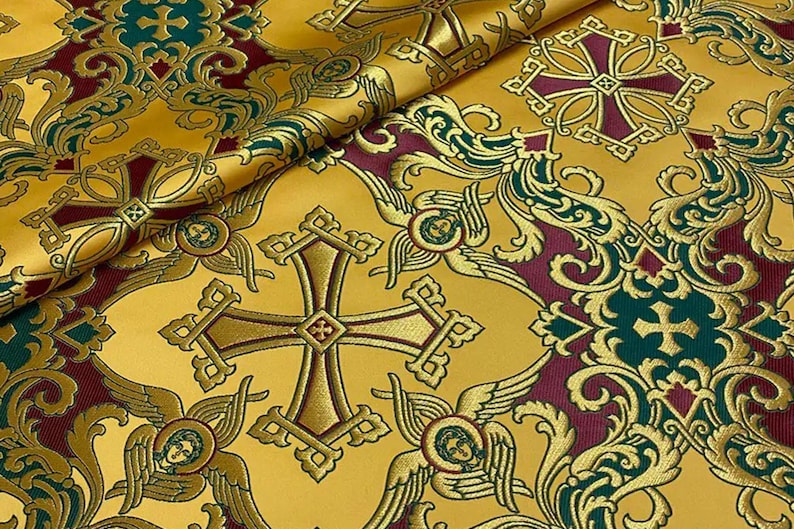 Tissu liturgique, orthodox vestments,|VOZNESENSKY|, catholic vestment, priest brocade 170 cm (67"), cherub fabric, purple and gold fabric Burgundy - green
