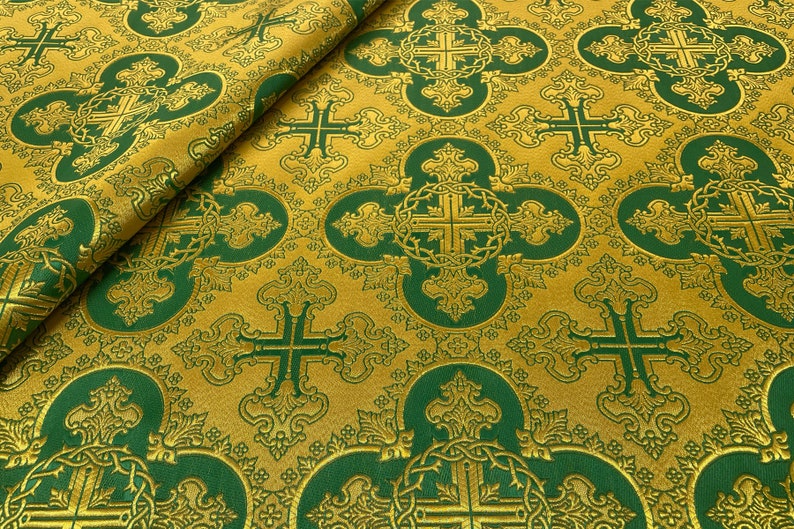 Wreath Brocade Fabric, Metallic Priest Vestment Fabric, 67" Wide, premium quality fabric, ecclesiastical fabric, liturgical fabric Green