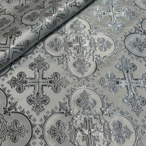 Wreath Brocade Fabric, Metallic Priest Vestment Fabric, 67" Wide, premium quality fabric, ecclesiastical fabric, liturgical fabric White - silver