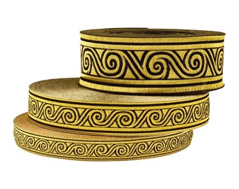May include: Three spools of decorative ribbon with a gold and black swirl pattern. The ribbon is stacked, with the top spool showing the full design. The ribbon is likely used for crafts, sewing, or gift wrapping.