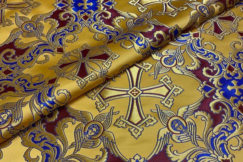 Tissu liturgique, orthodox vestments,|VOZNESENSKY|, catholic vestment, priest brocade 170 cm (67"), cherub fabric, purple and gold fabric image 5