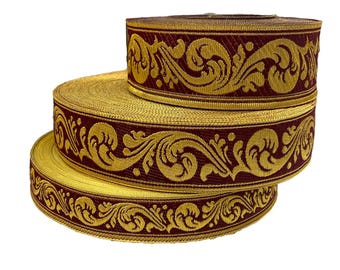 Burgundy Gallon,liturgical trim |CURL|, gold ribbon, vestment ribbon, gold metallic trim, medieval jacquard trim, ukrainian braid