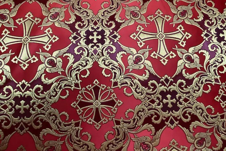 Tissu liturgique, orthodox vestments,|VOZNESENSKY|, catholic vestment, priest brocade 170 cm (67"), cherub fabric, purple and gold fabric Red
