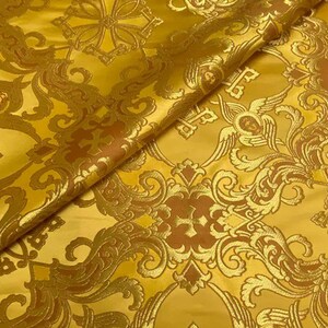 Tissu liturgique, orthodox vestments,|VOZNESENSKY|, catholic vestment, priest brocade 170 cm (67"), cherub fabric, purple and gold fabric Yellow
