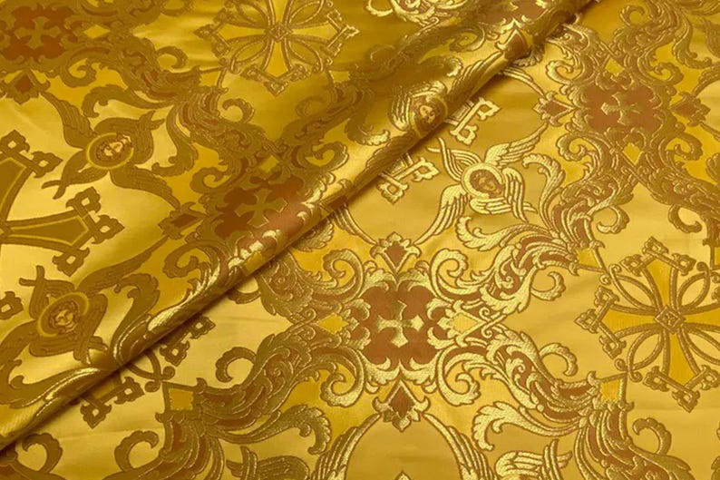 Tissu liturgique, orthodox vestments,|VOZNESENSKY|, catholic vestment, priest brocade 170 cm (67"), cherub fabric, purple and gold fabric Yellow
