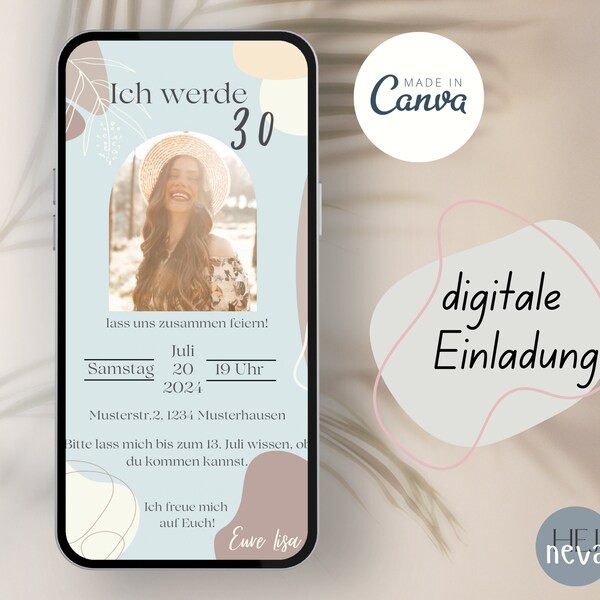 Anpassbare Einladung zum 30. Geburtstag, Digital, Vorlage Canva, Einladung modern, Geburtstagseinladung mit Foto