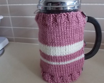 French press coffee cozy cover, coffee pot warmer, cafetiere cosy - hand knitted rose pink and cream stripes coffee pot sleeve