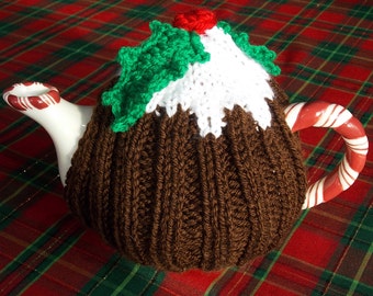 teapot  tea cozy cosy cover Christmas pudding with holly leaves and berry, hand knitted