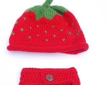 strawberry knitted hat beanie  and diaper nappy cover photo prop set newborn baby infant - acrylic or wool yarn