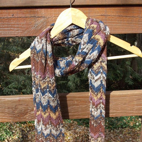 self-striping scarf variegated knit scarf,man or woman, unisex scarf, brown beige gold blue chevron scarf