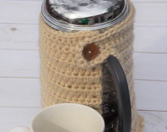 French press coffee cozy cover, crocheted coffee pot warmer, cafetiere cosy - beige tan light brown or choose your color