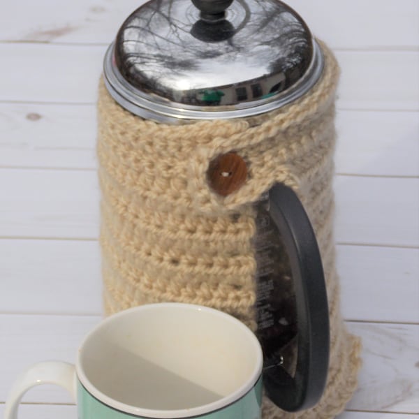 French press coffee cozy cover, crocheted coffee pot warmer, cafetiere cosy - beige tan light brown or choose your color