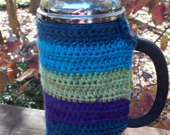 French press coffee cozy cover, crocheted coffee pot warmer, cafetiere insulated cosy -  teal aqua purple lime green stripes color block