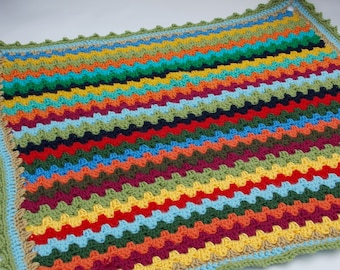 crocheted granny stripe baby blanket afghan rug - car seat, stroller, pram - rainbow multicolored stripes  gender neutral boy or girl