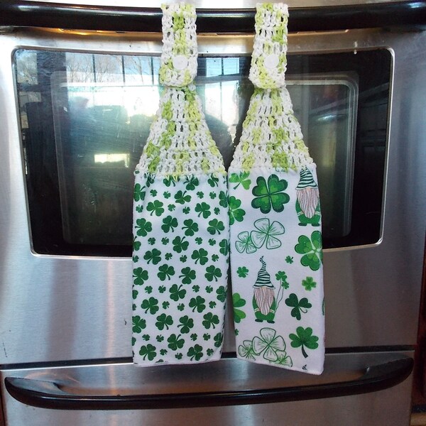 set of 2 hanging dish towels St Patrick's Day gnomes  and shamrocks clovers for kitchen with crocheted tops
