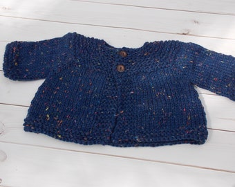 baby girl or boy blue and speckled chunky sweater -  infant jumper 0-3 months -  hand knit