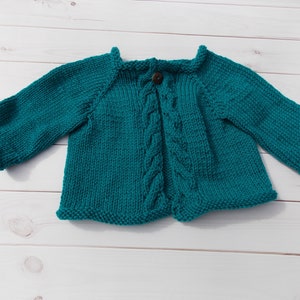 baby girl cardigan cabled sweater -  infant jumper 6-12 months - bright teal mallard green, hand knit