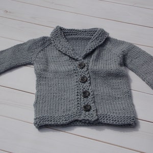 baby boy v-neck shawl collar cardigan sweater - newborn infant jumper 0-3 months -grey Australian wool - hand knit, old man baby sweater