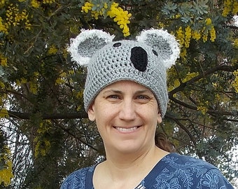 koala bear hat beanie cap with fuzzy ears adult men or women, crochet