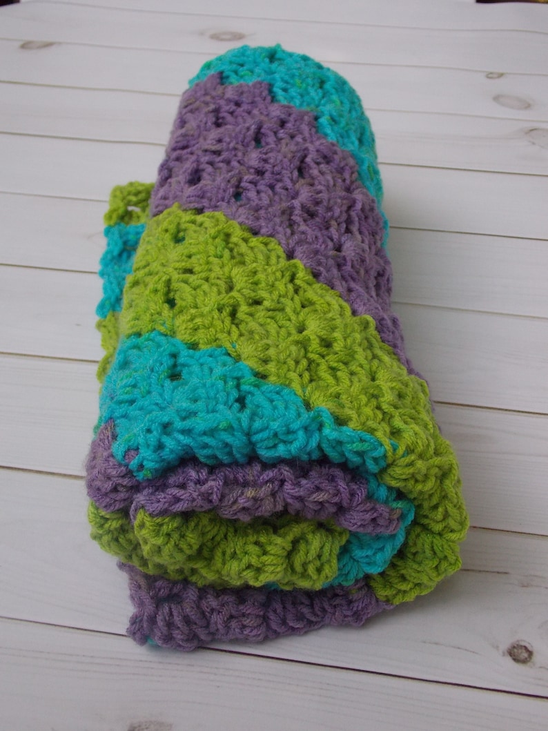 pram stroller car seat aqua crocheted diagonal stripe baby blanket afghan rug purple green multicolored stripes girl