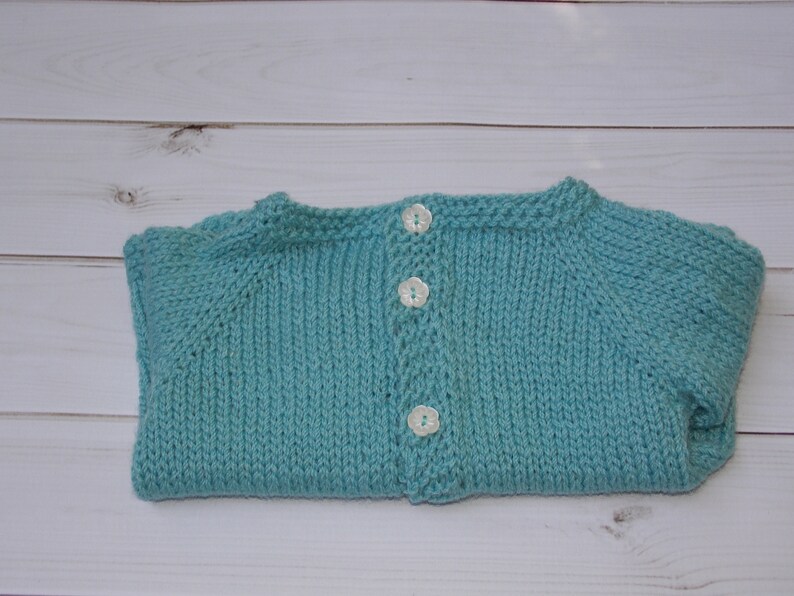 hand knit from Australian wool pale light teal baby girl cardigan sweater newborn infant jumper 0-3 months