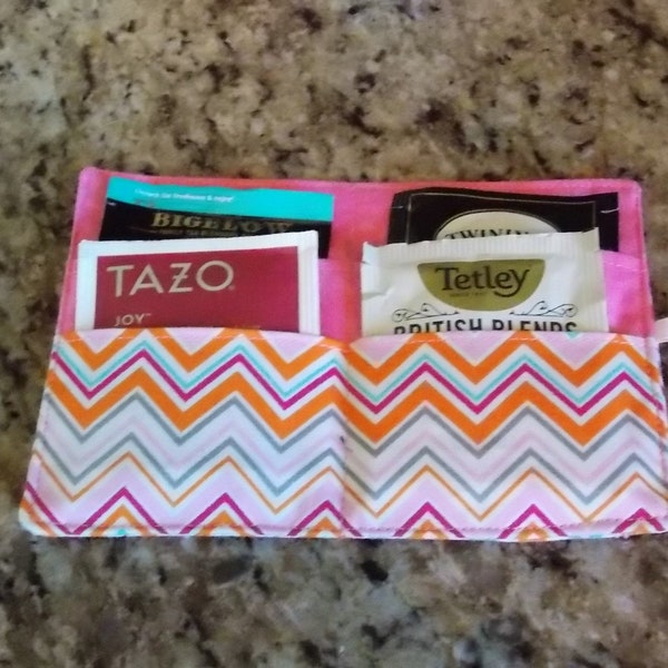 tea  teabag wallet travel case holder tea bag organizer clutch pouch -  pink orange teal grey chevron zigzag
