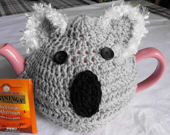 koala teapot tea cozy cosy cover grey koala bear, Australian Aussie gift with fuzzy ears, crocheted