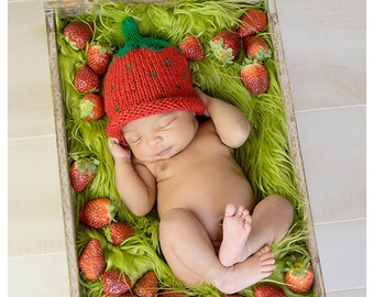 Bonnet bébé fraise bonnet nouveau-né, 0-3, 3-6, 6-12 mois tricoté rouge nouveau-né - fil de laine ou acrylique