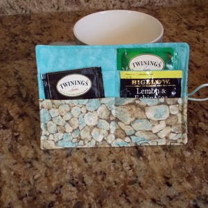 tea  teabag wallet travel case holder tea bag organizer clutch pouch -  teal brown river rocks