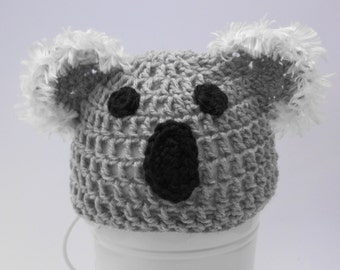 koala beanie bear hat with fuzzy ears, newborn baby infant toddler boy or girl crochet  cap
